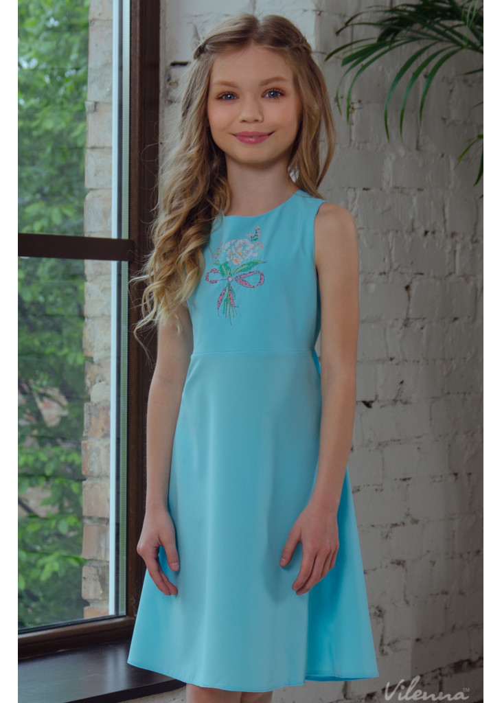 Сукня для дівчинки з квітковою вишивкою та оригінальними зав'язками на спині • колір: блакитний • інтернет магазин • vilenna • і